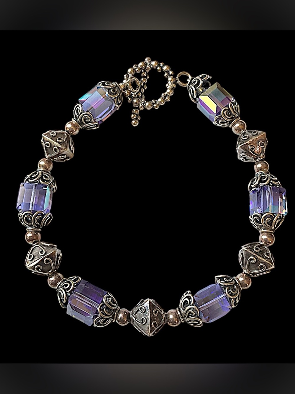Vintage Sterling Silver Purple Crystal Beaded Bracelet Caviar Silver